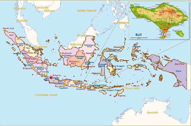 039 BALI Indonesia.jpg - 23 January 2010The Republic of Indonesia is located in Southeast Asia and Oceania and comprises 17,508 islands. Raja Willem visited the island of Bali (enlarged in right corner of the map). Indonesia's  population is around 230 million people.